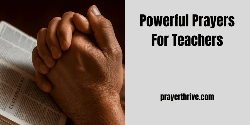 A group of teachers holding hands in prayer inside a school classroom, symbolizing unity, faith, and the importance of Prayers For Teachers.