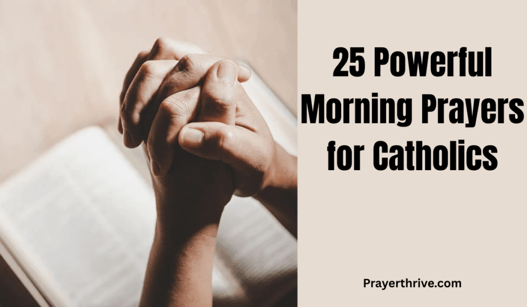 A Catholic family gathered in the quiet of the morning, hands folded in prayer, symbolizing the peace and strength found in morning prayers for Catholics.