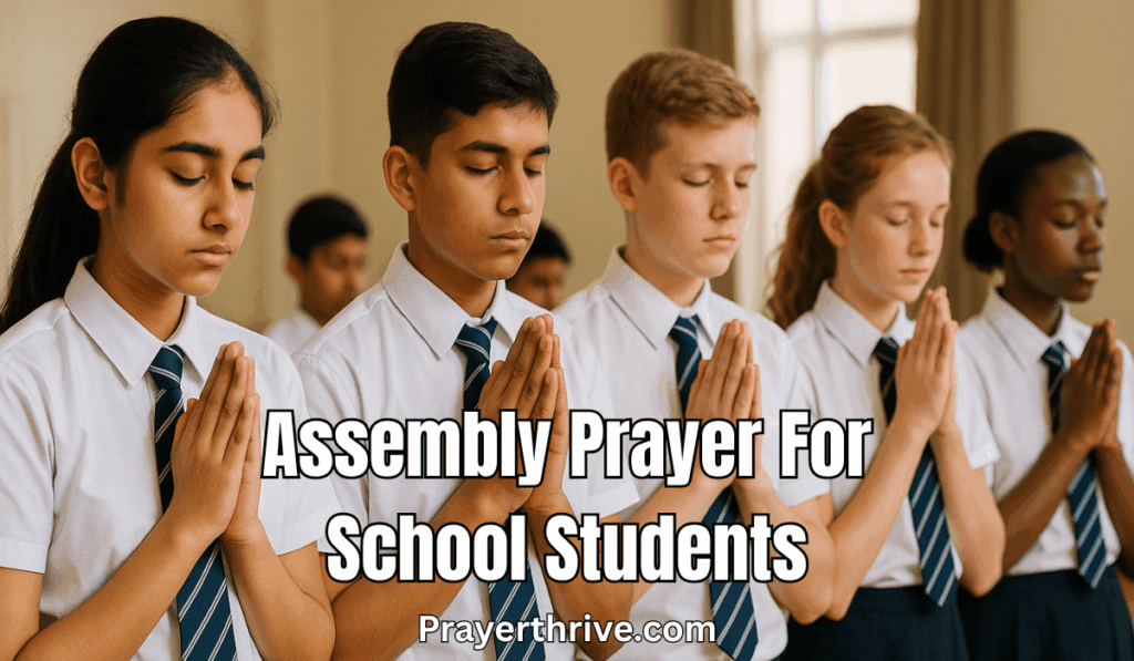 A group of young school students standing together in a morning assembly, bowing their heads in unity during an assembly prayer for school students.