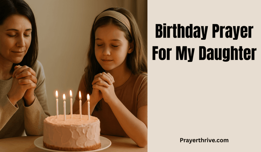A mother and daughter praying together with a cake in the background, reflecting a heartfelt birthday prayer for my daughter.