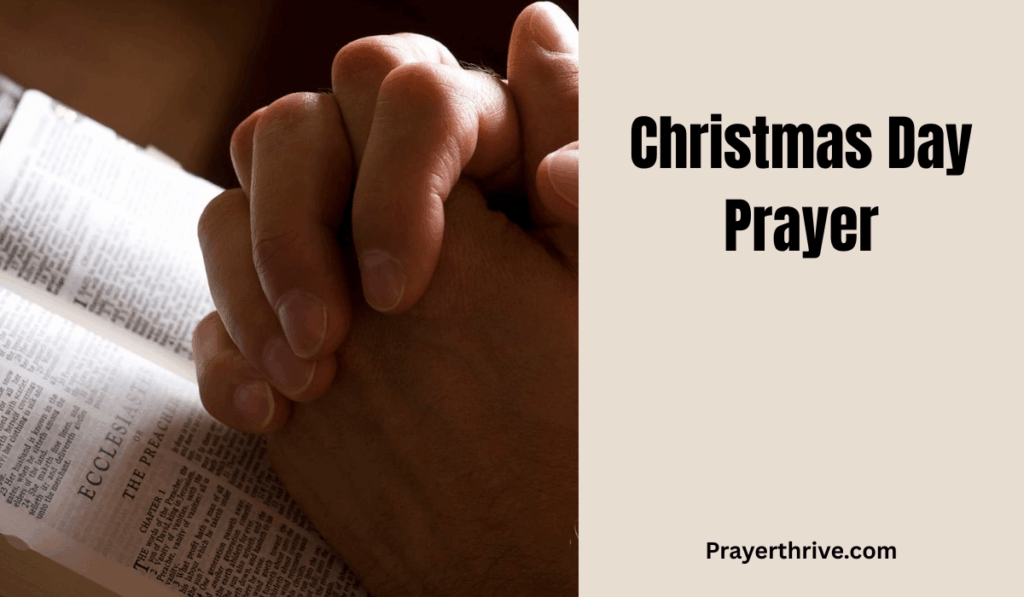 A family holding hands around a decorated table, offering a Christmas day prayer together in gratitude for God’s blessings.