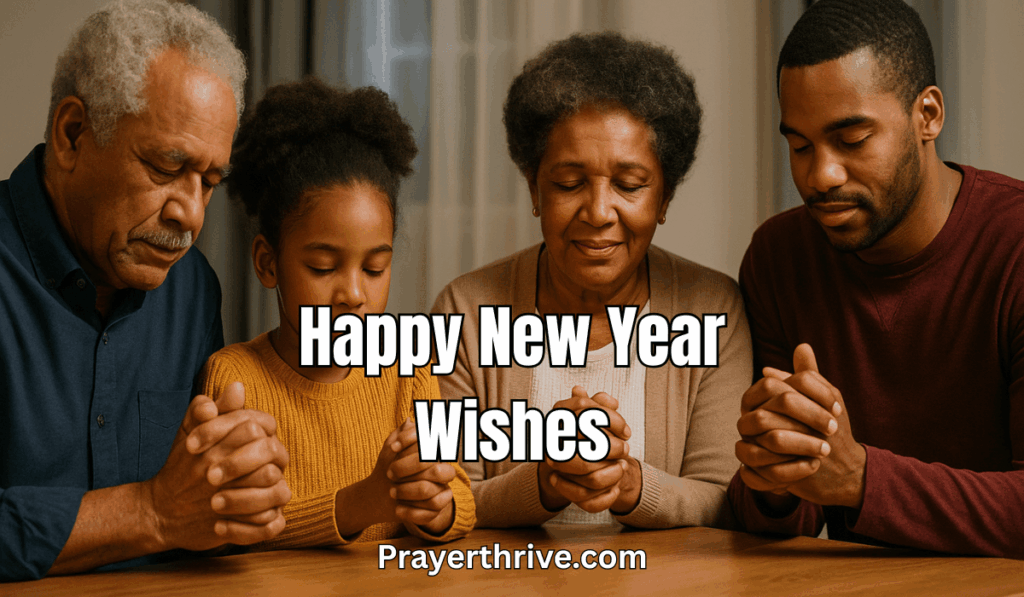 A family gathered in prayer and joy, sharing Happy new year wishes with gratitude and hope for the year ahead.