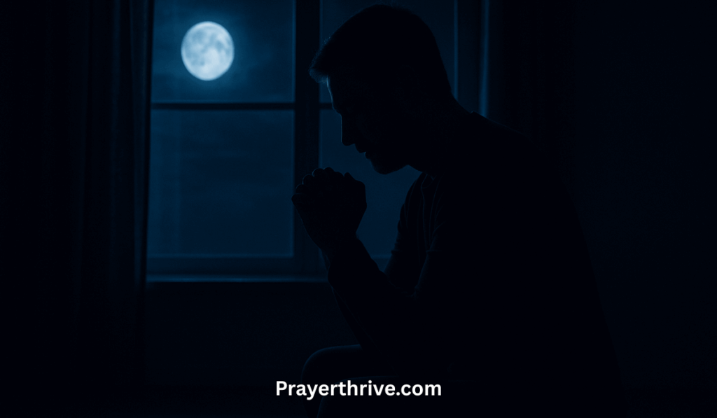 A believer kneeling in deep prayer at midnight, seeking God’s mercy and strength through powerful midnight prayer points