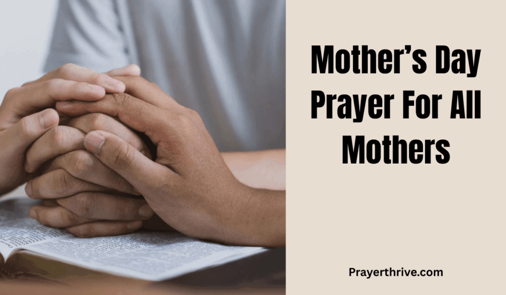 A joyful family holding hands in prayer, celebrating Mother’s Day with love, featuring a mother being honored with blessings and surrounded by children.