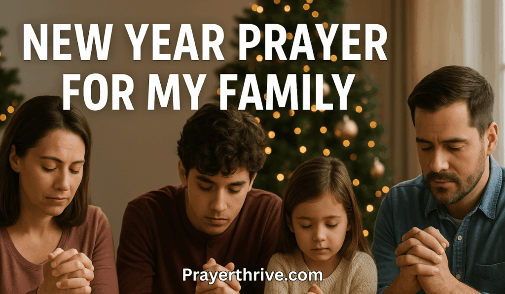 A Christian family gathered in prayer at the start of a new year, holding hands with faith and hope, reflecting the theme of new year prayer for my family.