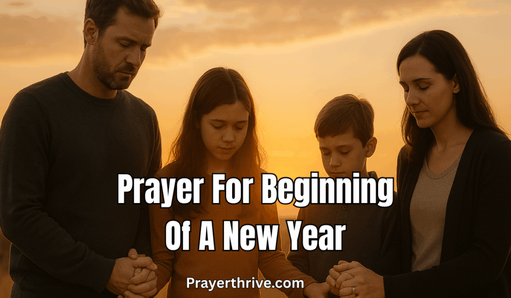 A family holds hands in prayer as the sun rises on the first day of January, reflecting the hope and faith behind a prayer for beginning of a new year.