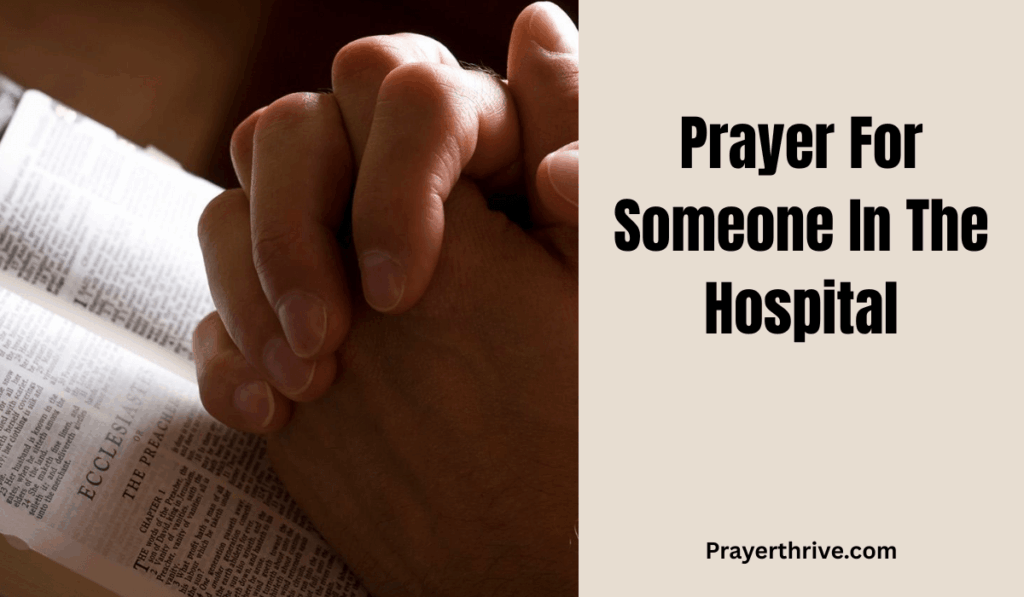 A quiet hospital room with gentle sunlight shining through the window, where a family bows their heads in prayer for someone in the hospital.