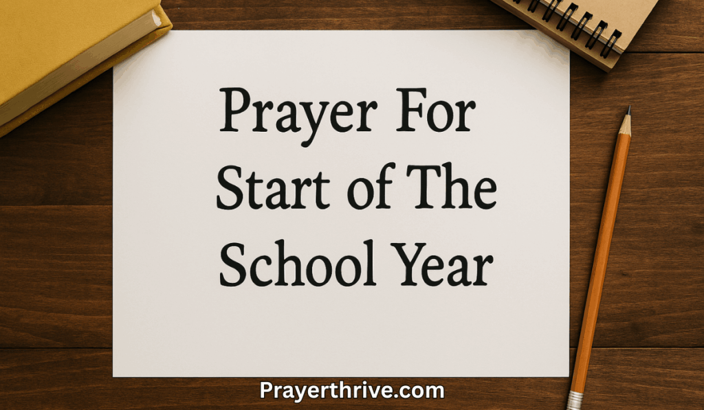 A student praying with folded hands before books and a cross, symbolizing a prayer for start of the school year.