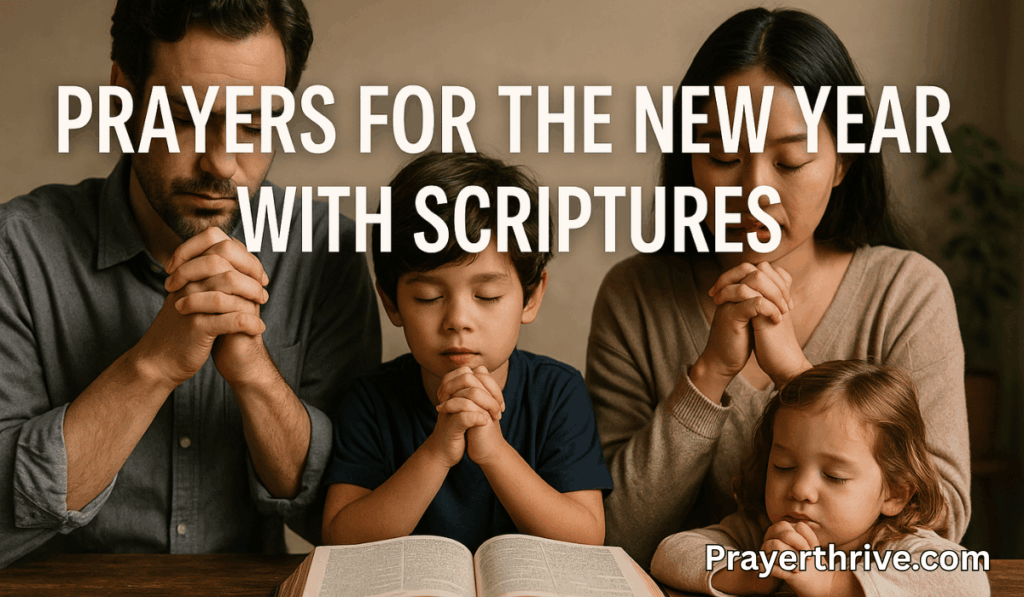 A peaceful family praying together with an open Bible, symbolizing prayers for the new year with scriptures and God’s guidance.