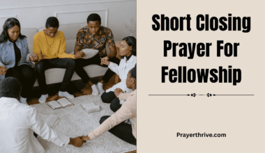 A small group of believers bowing their heads together in prayer at the end of a gathering, reflecting unity and a short closing prayer for fellowship.