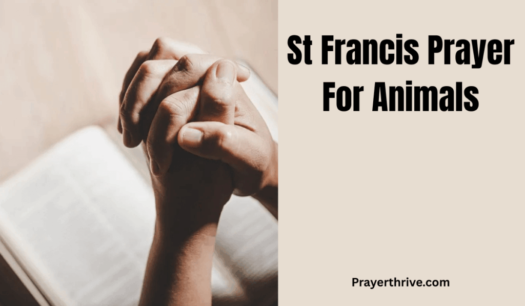 A peaceful painting of St. Francis of Assisi surrounded by animals in nature, symbolizing his love for creation and the St francis prayer for animals.