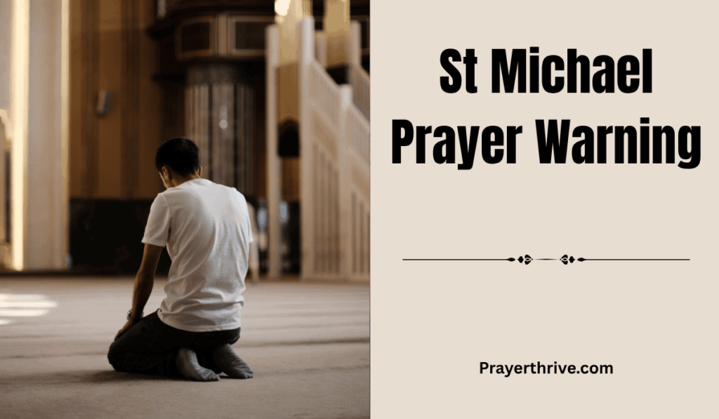 A believer kneeling in prayer before an image of St. Michael the Archangel, symbolizing strength, protection, and the st michael prayer warning.