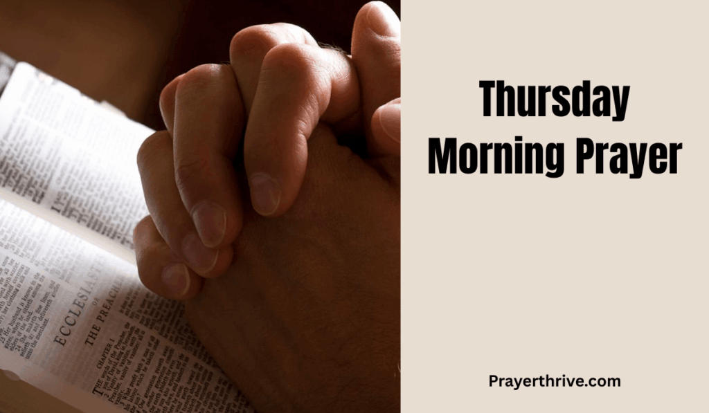A peaceful sunrise with a person praying by the window, reflecting the hope and renewal found in a Thursday morning prayer.