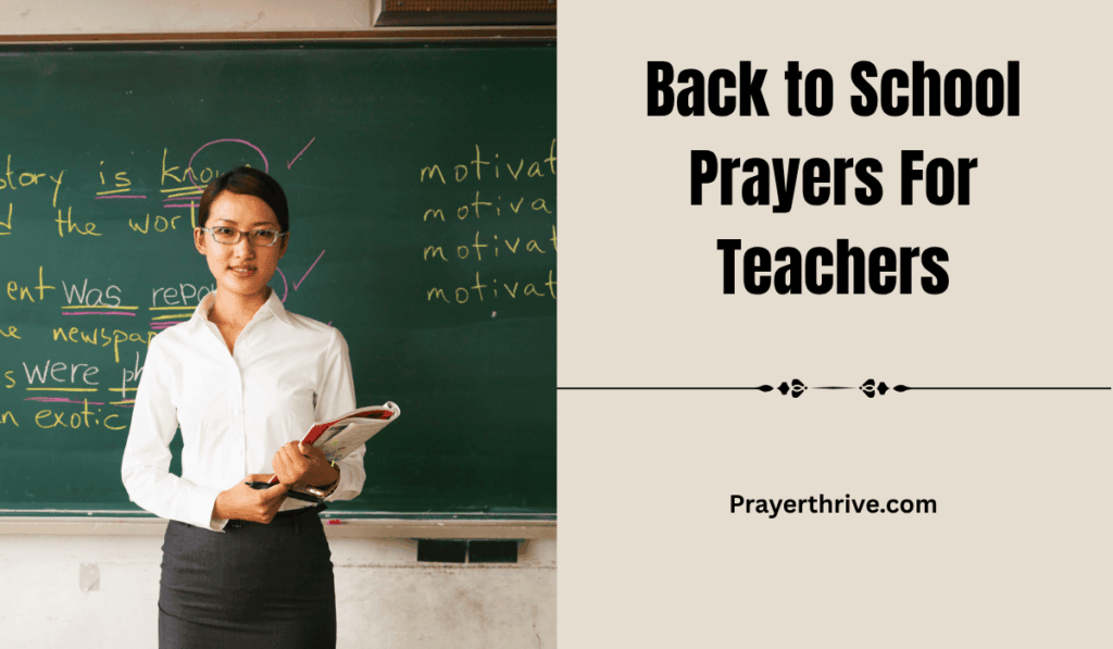 A teacher stands in a quiet classroom before students arrive, bowing her head in faith while offering heartfelt Back to School Prayers For Teachers.