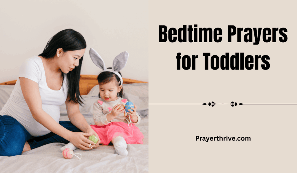 A parent kneeling beside a toddler’s bed, hands joined in evening prayer, reflecting the warmth of bedtime prayers for toddlers.