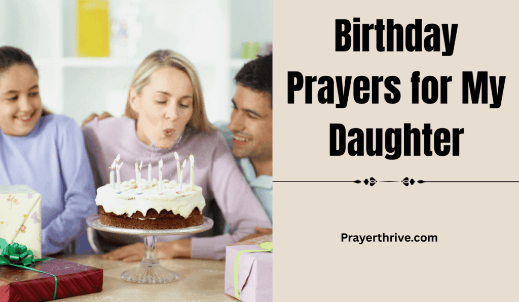 A mother kneeling in prayer beside her daughter’s birthday cake, lifting her hands in gratitude and blessing, reflecting heartfelt Birthday Prayers for My Daughter.