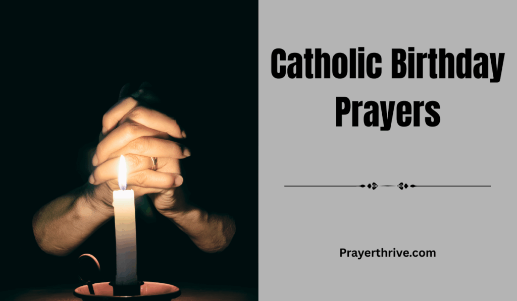 A serene image of a birthday candle being lit with hands clasped in prayer, symbolizing Catholic Birthday Prayers.