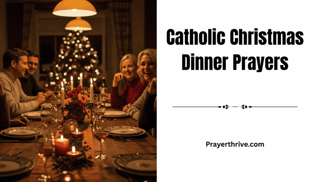 A warm family gathered around a candlelit table, hands joined in gratitude, praying before their Christmas meal, representing the spirit of Catholic Christmas Dinner Prayers.