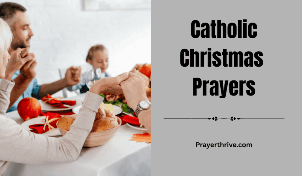 A family praying together around a decorated Christmas tree, embracing the warmth of Catholic Christmas Prayers.