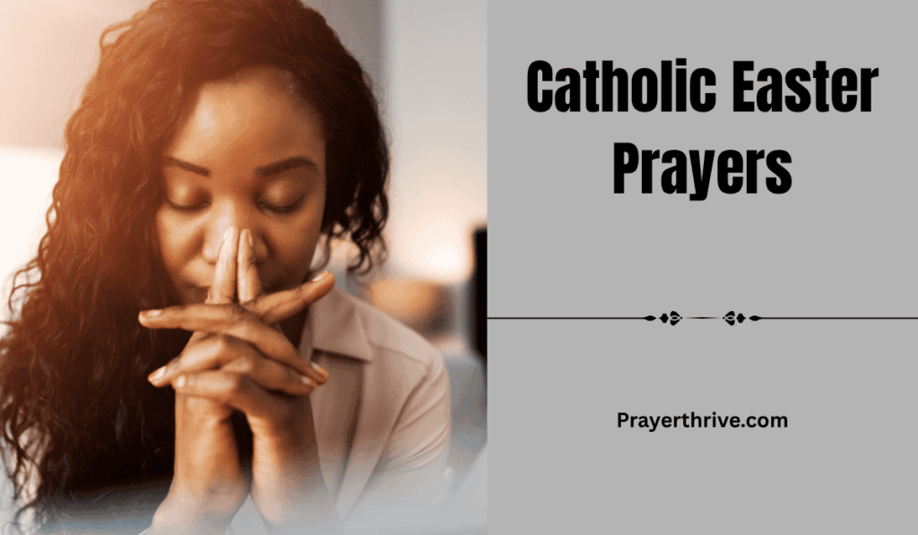 A serene image of a woman praying with hands clasped, reflecting peace, faith, and the joy of Catholic Easter Prayers.