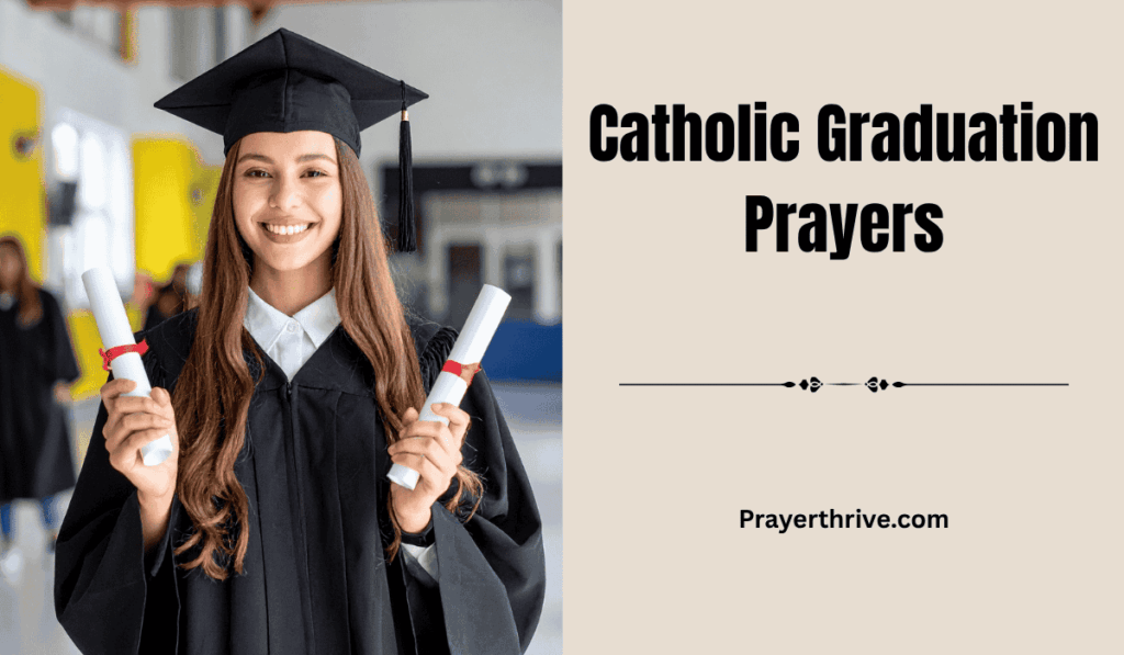 A joyful graduate holds a diploma beneath a bright sky, giving thanks in prayer. The moment reflects the hope and gratitude found in Catholic Graduation Prayers.