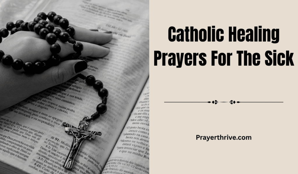 A peaceful image of hands gently holding a rosary beside a hospital bed, symbolizing comfort and faith through Catholic Healing Prayers For The Sick.