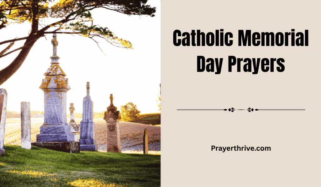 A peaceful Catholic cemetery at sunrise with an American flag and a rosary draped over a gravestone, representing Catholic Memorial Day Prayers.
