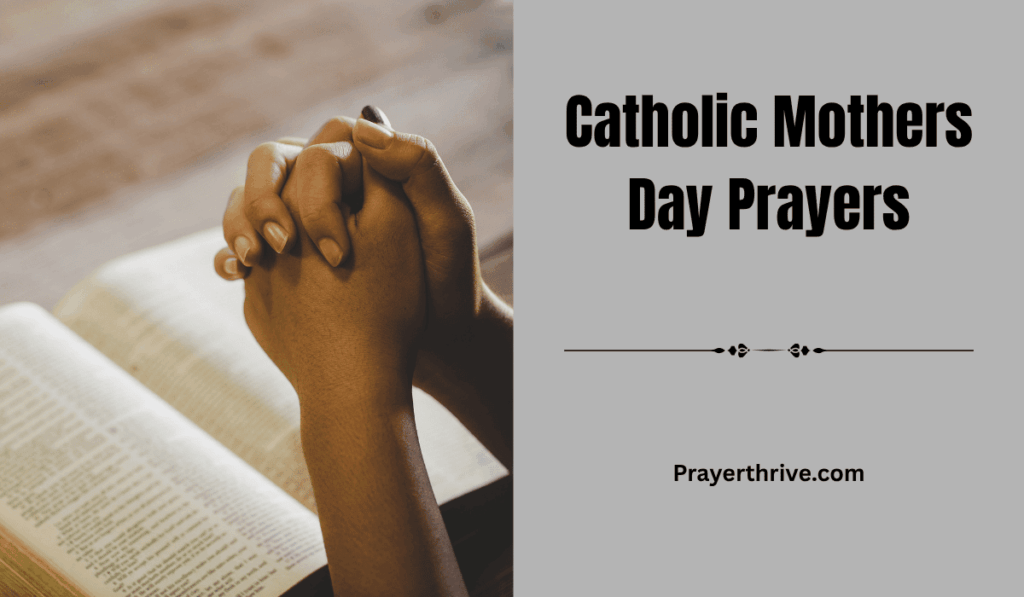 A Catholic mother kneeling in prayer beside her child, sunlight streaming through a church window — a peaceful scene that reflects the spirit of Catholic Mothers Day Prayers.