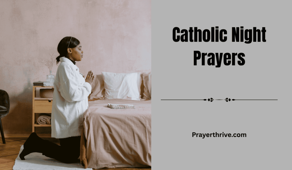 A person kneeling beside their bed in quiet reflection, candlelight softly illuminating their face during Catholic Night Prayers.