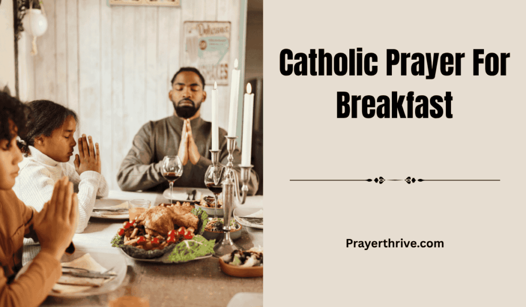 A peaceful morning table with open hands in prayer before a meal, sunlight streaming through the window, illustrating a moment of Catholic Prayer For Breakfast.