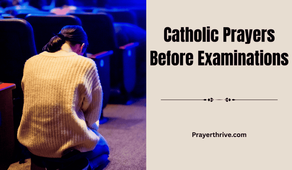 A student kneeling in prayer with an open Bible and rosary on a study desk, seeking peace and wisdom through Catholic Prayers Before Examinations.