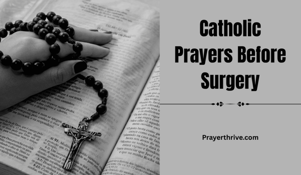 A woman praying in a hospital room, holding a rosary, reflecting the focus on Catholic Prayers Before Surgery