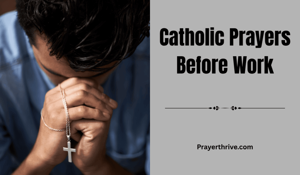 A Catholic worker bows his head in quiet morning prayer before beginning the day, hands folded with sunlight streaming through the window — a moment of peace captured in Catholic Prayers Before Work.
