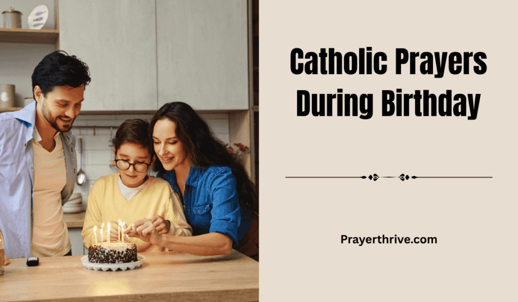 A joyful family gathered in prayer around a birthday cake, hands joined in thanksgiving, capturing the warmth of Catholic Prayers During Birthday.