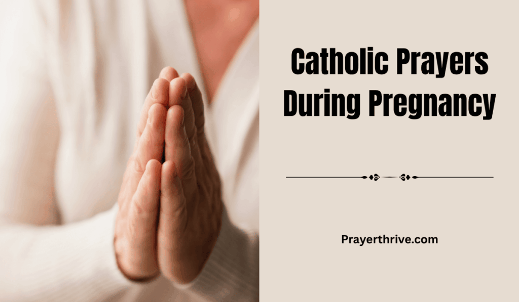A serene image of a mother praying with hands over her belly, symbolizing peace and faith during pregnancy. The scene reflects Catholic Prayers During Pregnancy.