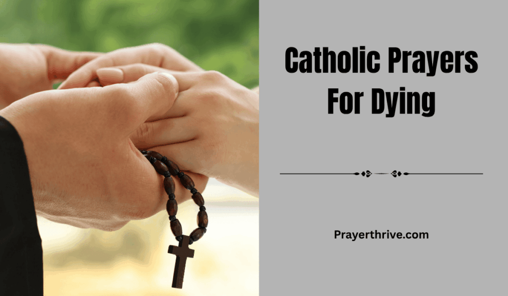 A priest holds the hand of a dying believer, whispering gentle Catholic prayers for dying, surrounded by soft candlelight.