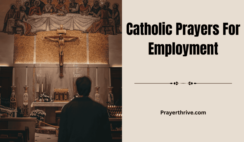A devoted Catholic kneels before a crucifix, hands folded in prayer, seeking God’s guidance and strength through Catholic Prayers For Employment.