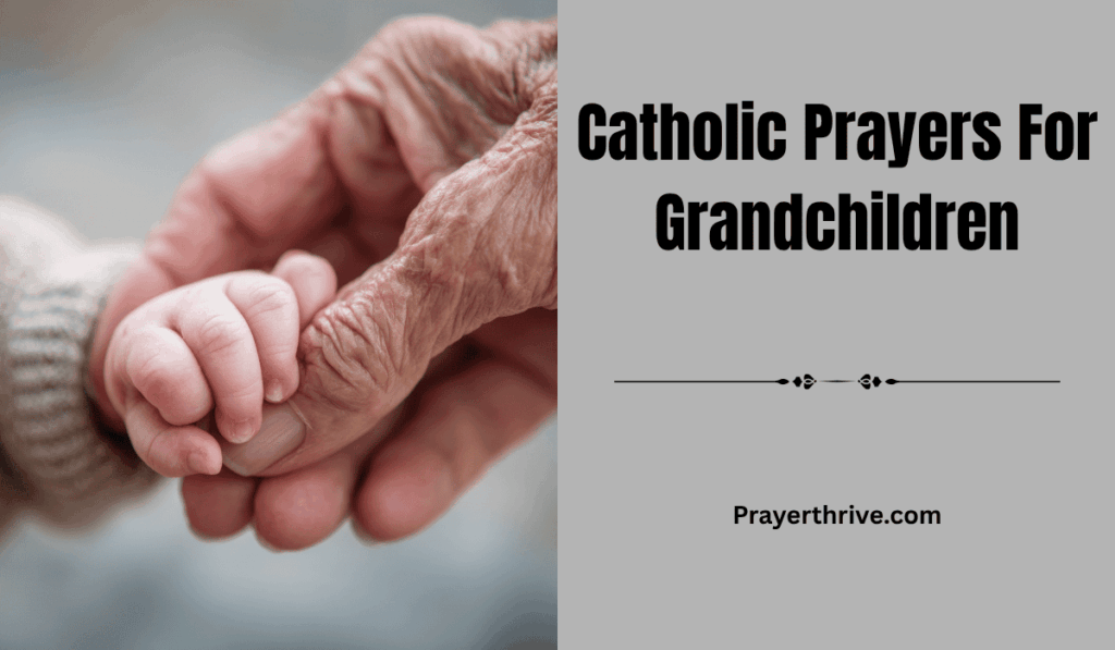 A grandmother gently holding her grandchild’s hands in prayer before a cross, symbolizing love and faith in Catholic Prayers For Grandchildren.