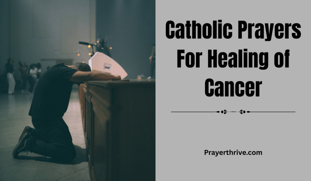 A person kneels in quiet prayer, hands clasped with rosary beads, seeking peace and strength through Catholic Prayers For Healing of Cancer.