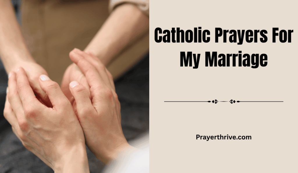 A married couple holding hands in prayer before a softly lit crucifix, symbolizing love and faith in Catholic Prayers For My Marriage.