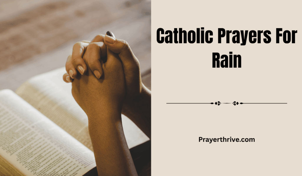 A farmer kneeling in a field under gray skies, praying for gentle rain to fall on the dry earth — a scene of faith and hope in Catholic Prayers For Rain.
