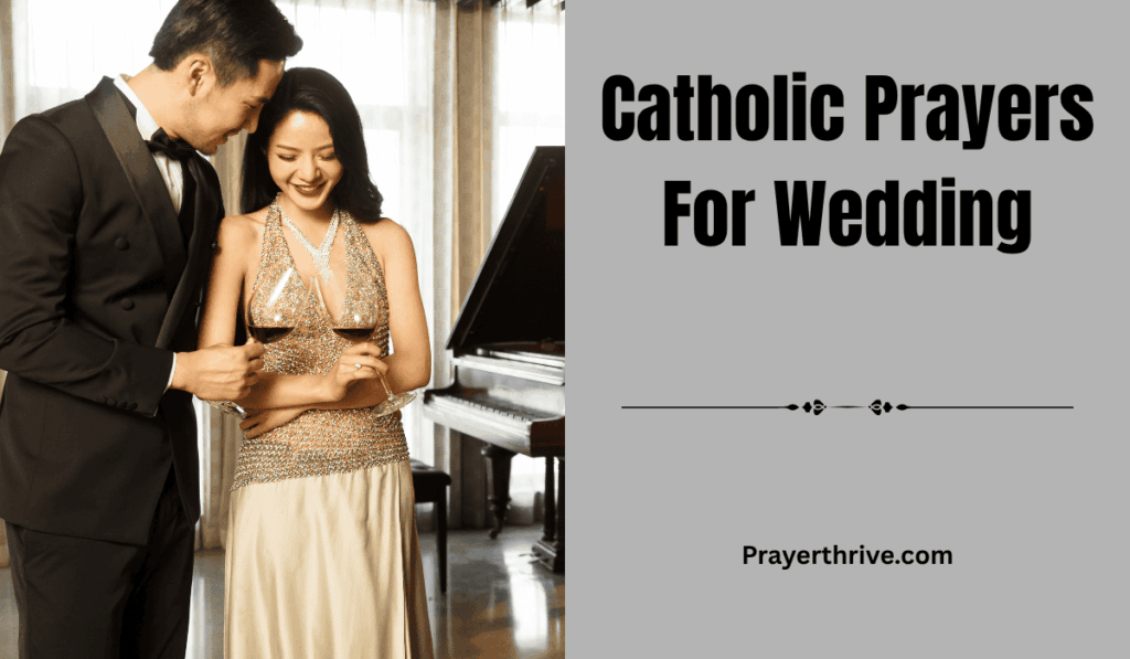 A newlywed couple holding hands at the altar during Mass, surrounded by family, as a priest blesses their union — symbolizing the beauty of Catholic Prayers For Wedding.