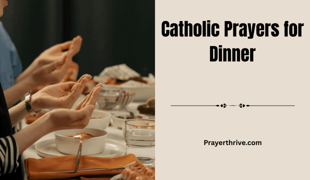 A family joins hands around a candlelit table, offering thanksgiving to God before sharing a meal together, illustrating the warmth of Catholic Prayers for Dinner.