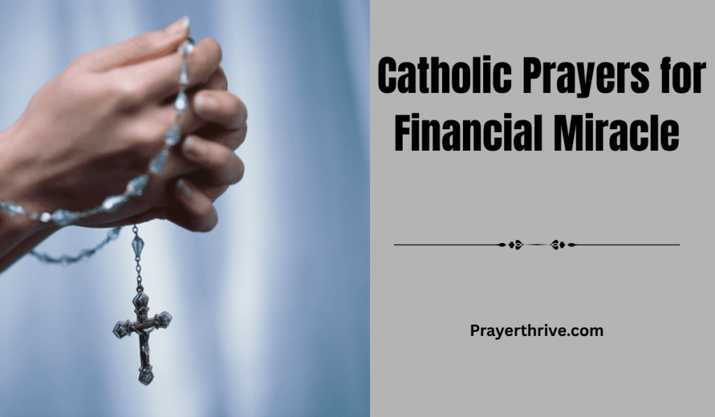 A pair of hands gently clasping a rosary over a few coins on a wooden table, symbolizing faith and hope in Catholic Prayers for Financial Miracle.