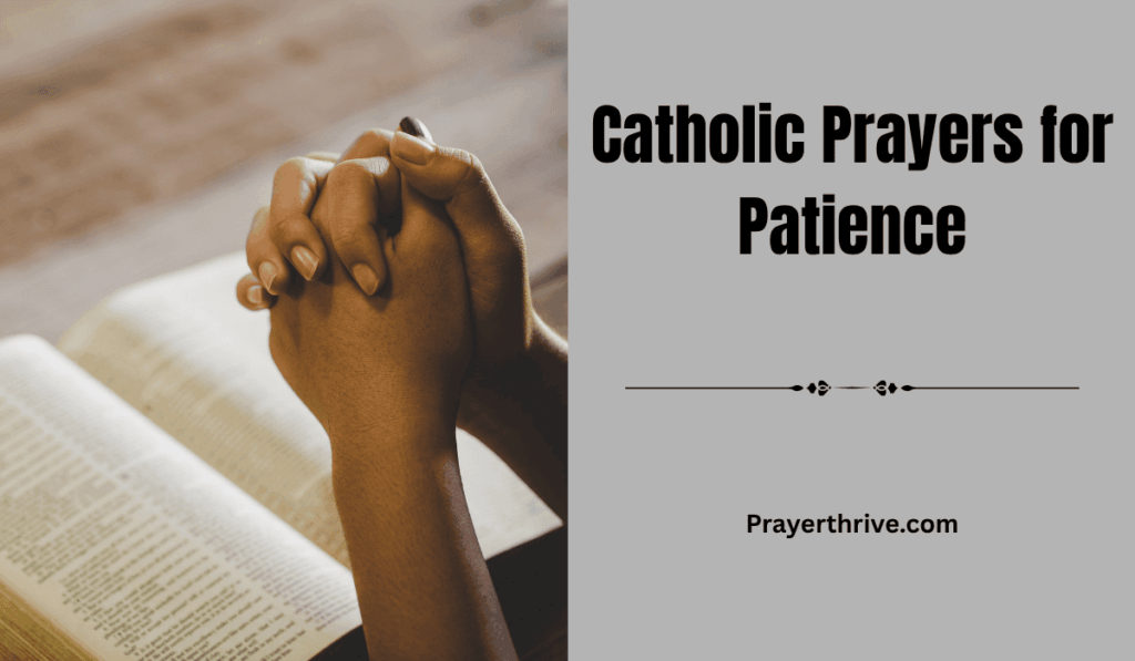 A serene image of folded hands resting on an open Bible, symbolizing calm and faith through Catholic prayers for patience.