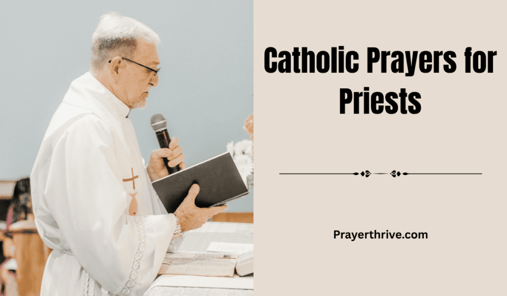 A Catholic priest stands before the altar, hands folded in prayer, surrounded by soft candlelight—a serene moment captured to symbolize Catholic Prayers for Priests.
