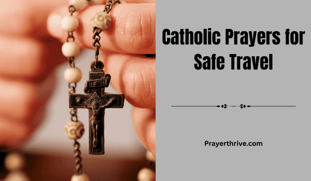 A traveler holding a rosary with an open Bible nearby, symbolizing faith and Catholic Prayers for Safe Travel.