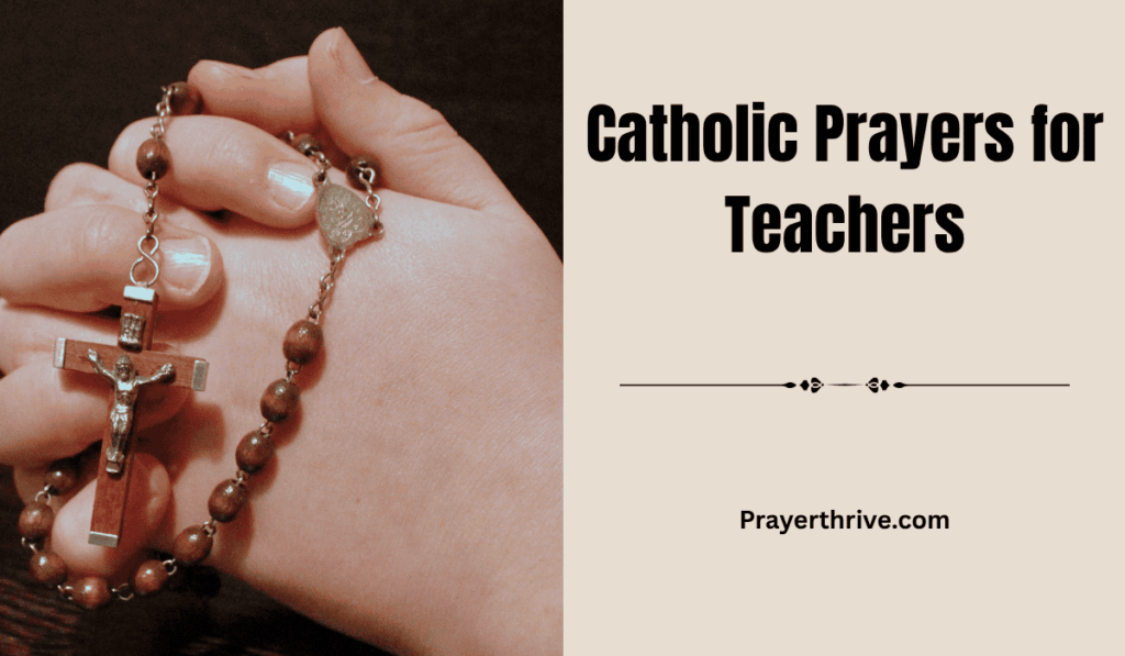 A Catholic teacher praying quietly in a peaceful classroom before her students arrive, symbolizing faith, guidance, and Catholic prayers for teachers.