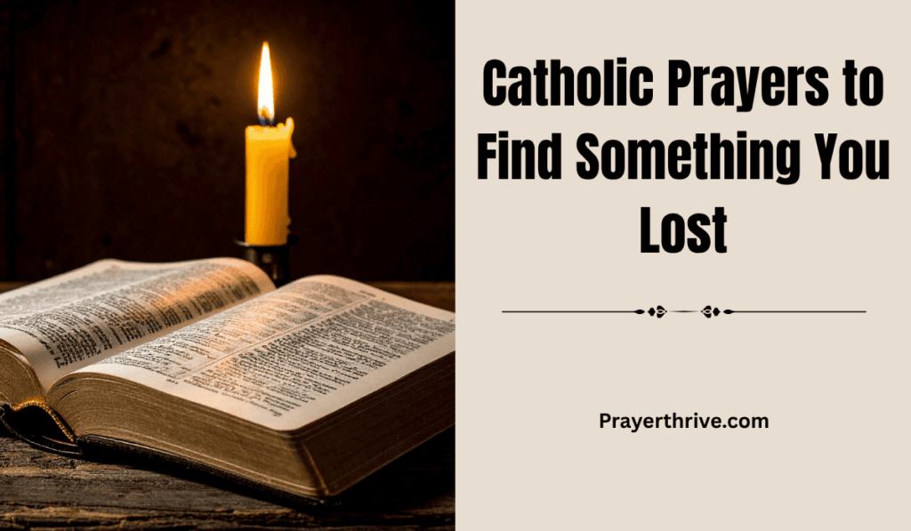 A peaceful candle-lit table with a rosary, open Bible, and small cross — symbolizing faith and hope while saying Catholic Prayers to Find Something You Lost.