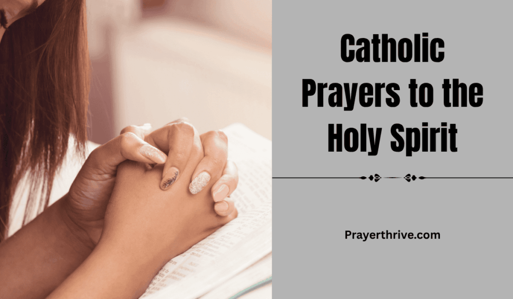A woman praying with hands lifted in a serene chapel, reflecting the peace and guidance of Catholic Prayers to the Holy Spirit.